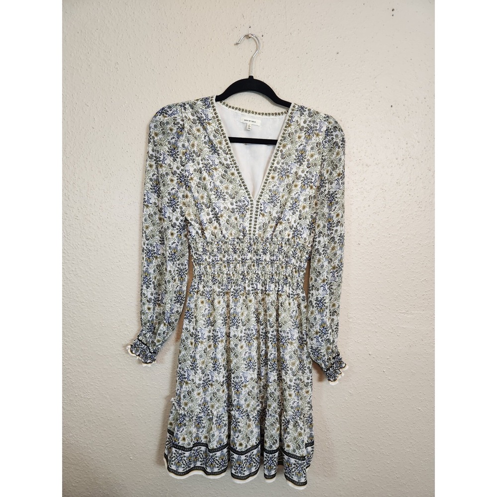 Max Studio Women S Multicolor Floral Smocked Waist V-Neck Long Sleeve Mini Dress